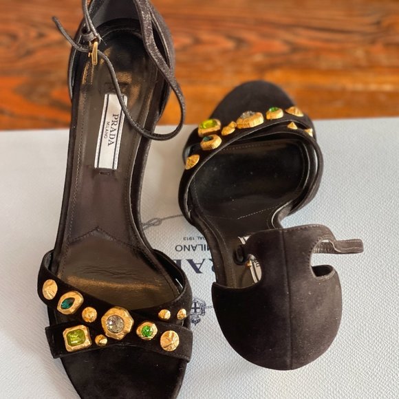 PRADA Black Suede Ankle Strap Sandals Metal Sculptural Gold Heel with Emeralds - Picture 10 of 16